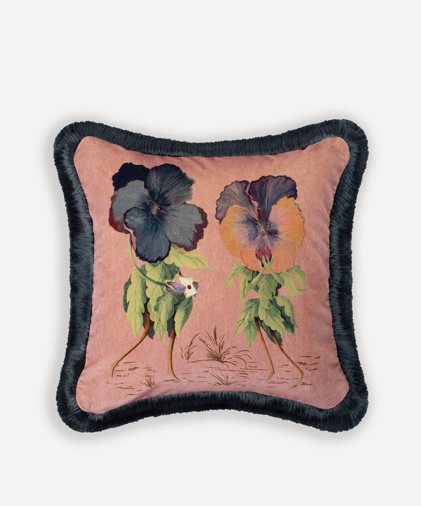 House of Hackney - Amatoria Pansies Medium Cotton Velvet Fringed Cushion image number null