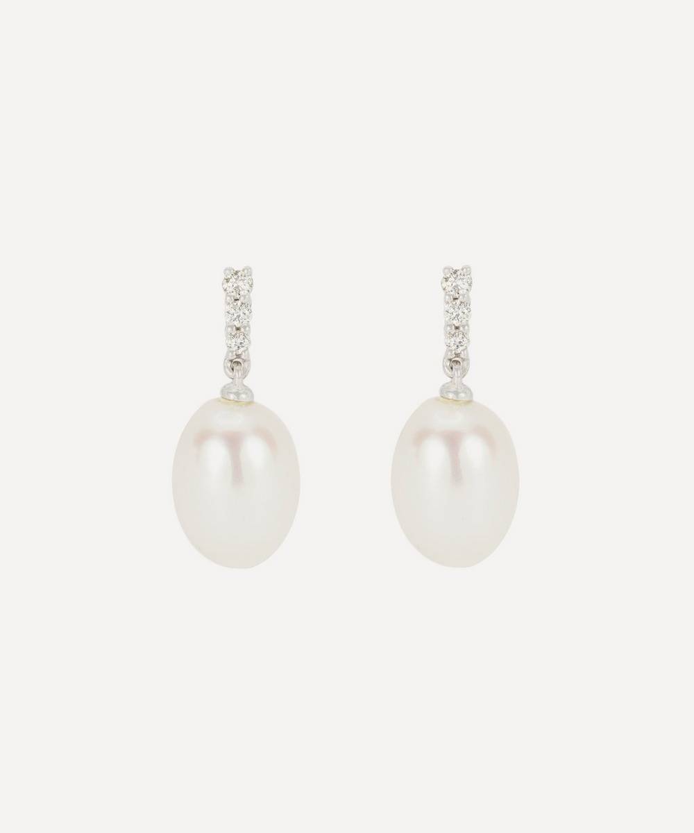 Kojis - 18ct White Gold Pearl and Diamond Drop Earrings
