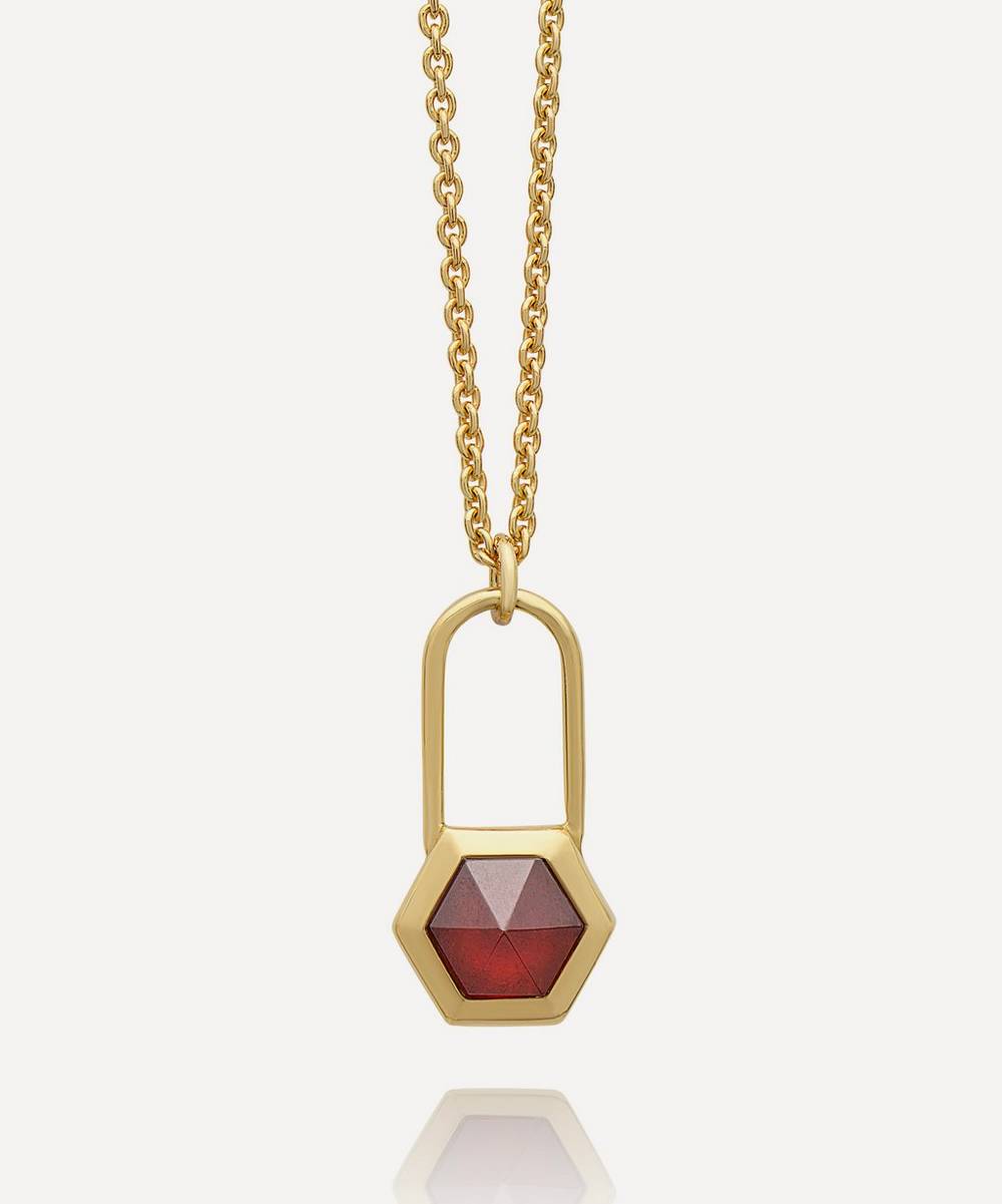 Rachel Jackson - 22ct Gold-Plated Garnet Hexagon Padlock Pendant Necklace