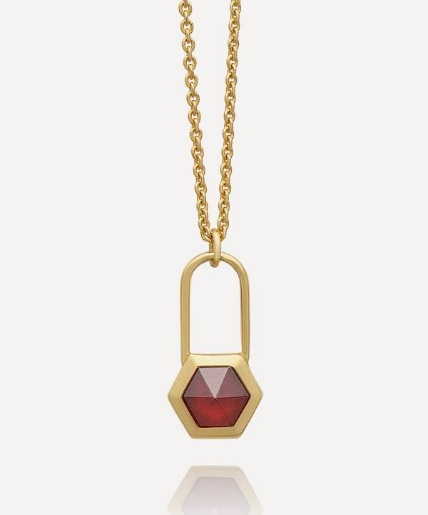 Rachel Jackson - 22ct Gold-Plated Garnet Hexagon Padlock Pendant Necklace image number 0