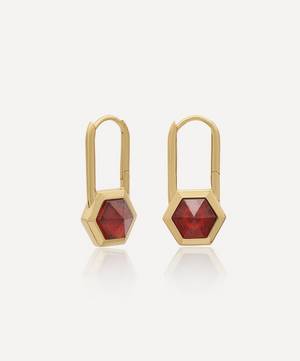 22ct Gold-Plated Garnet Hexagon Padlock Hoop Earrings