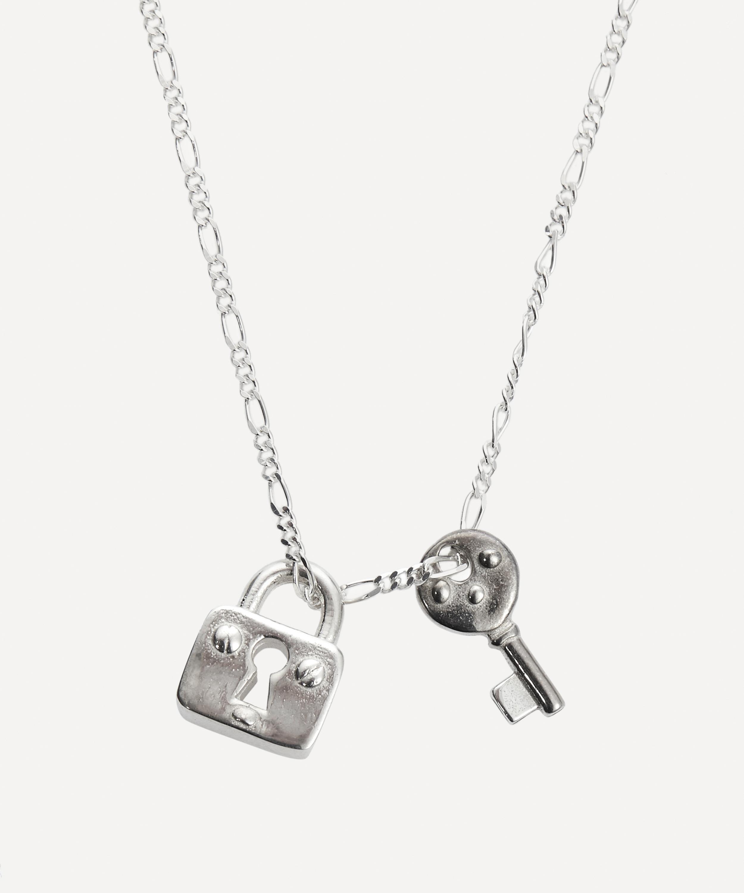 Gold Lock Charm Necklace, Lock Key Silver Charm