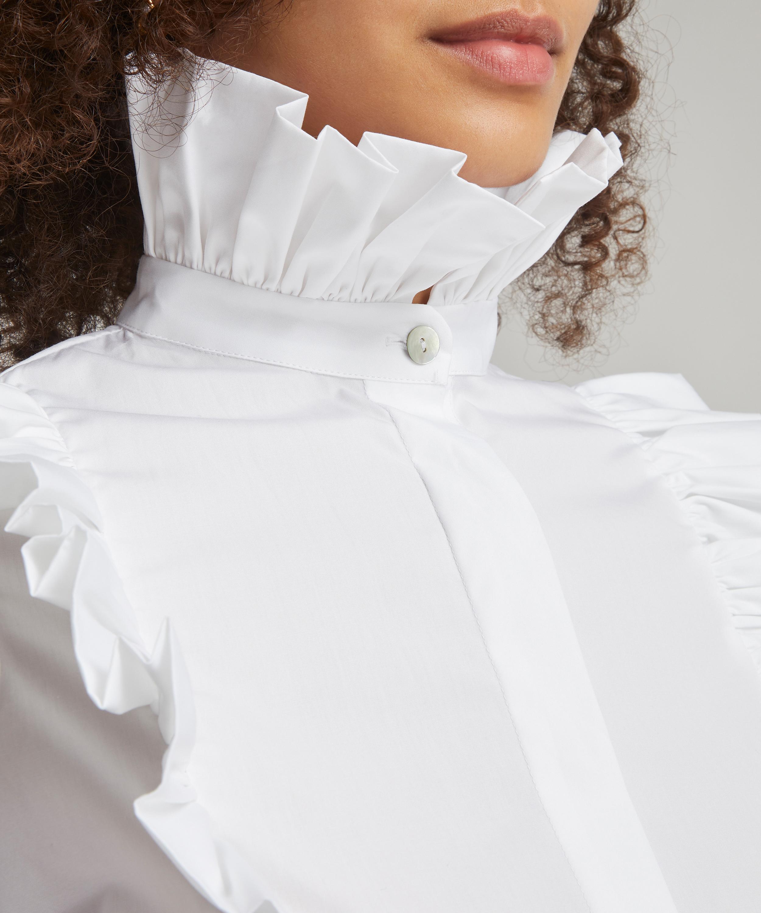 Cotton ruffled blouse with high neck and long sleeves, white, La