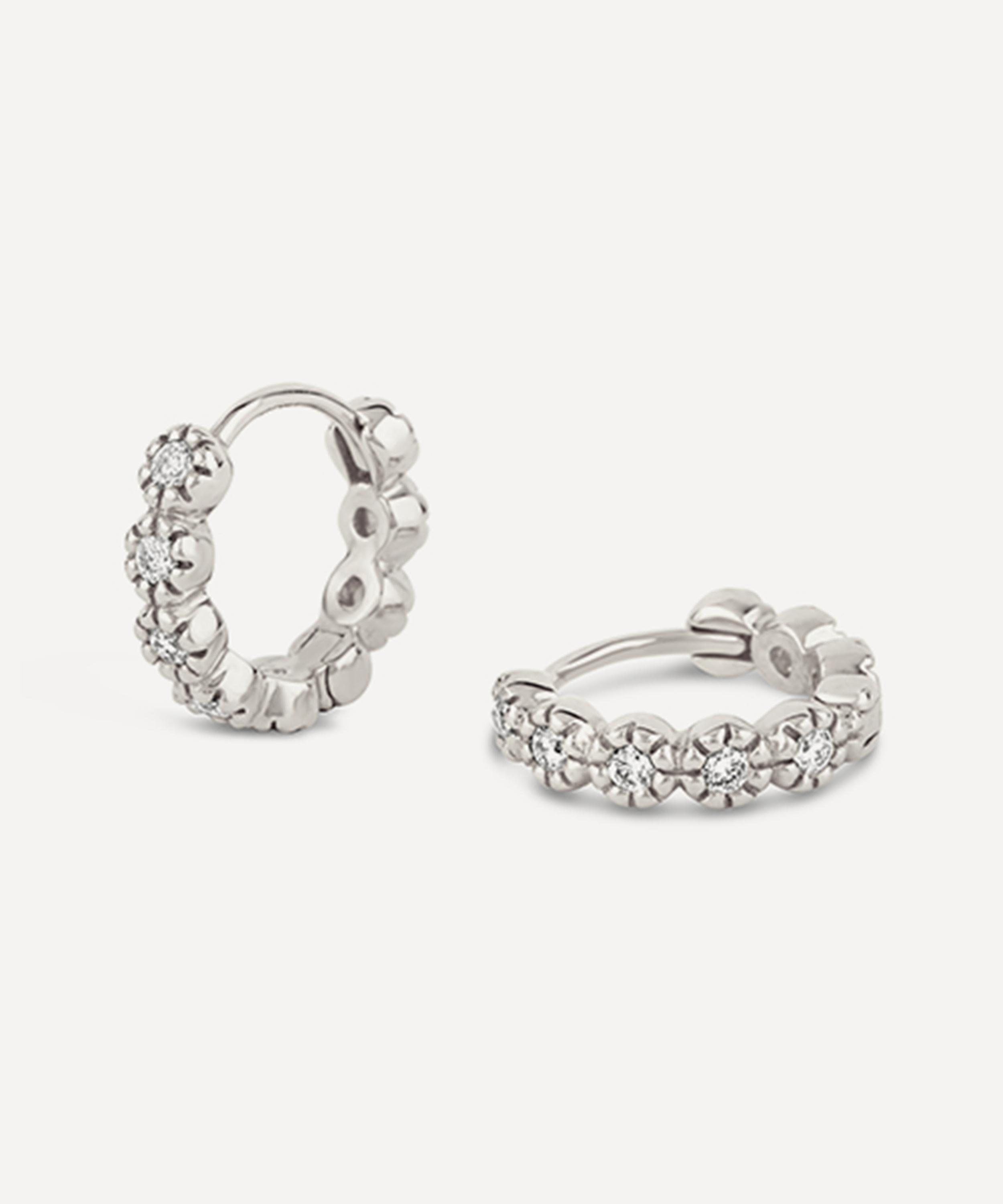 Dinny Hall - Recycled White Gold Forget Me Not Diamond Huggie Hoop Earrings image number 0