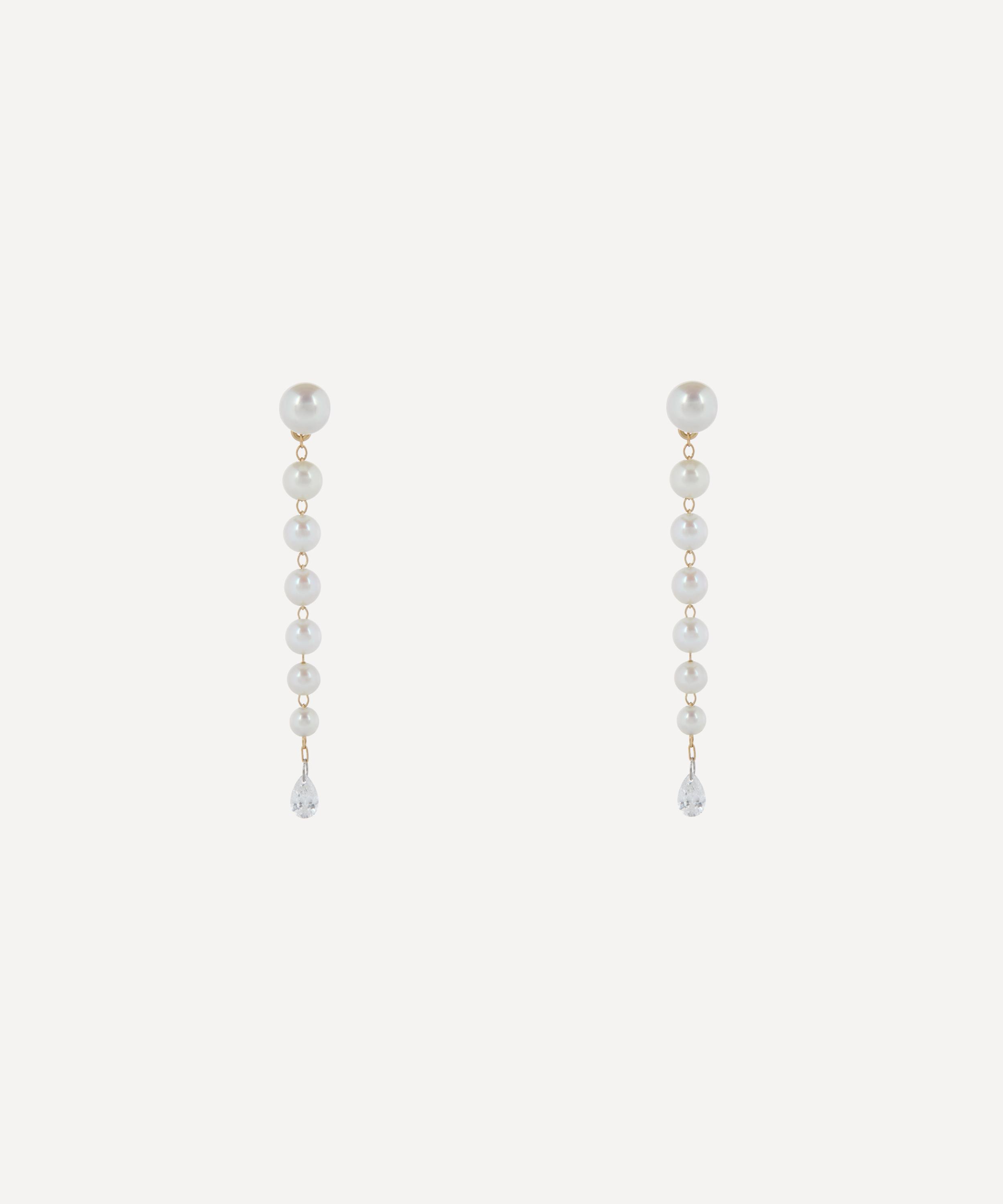 Mizuki - 14ct Gold Pear Diamond and Cascading Pearl Drop Earrings