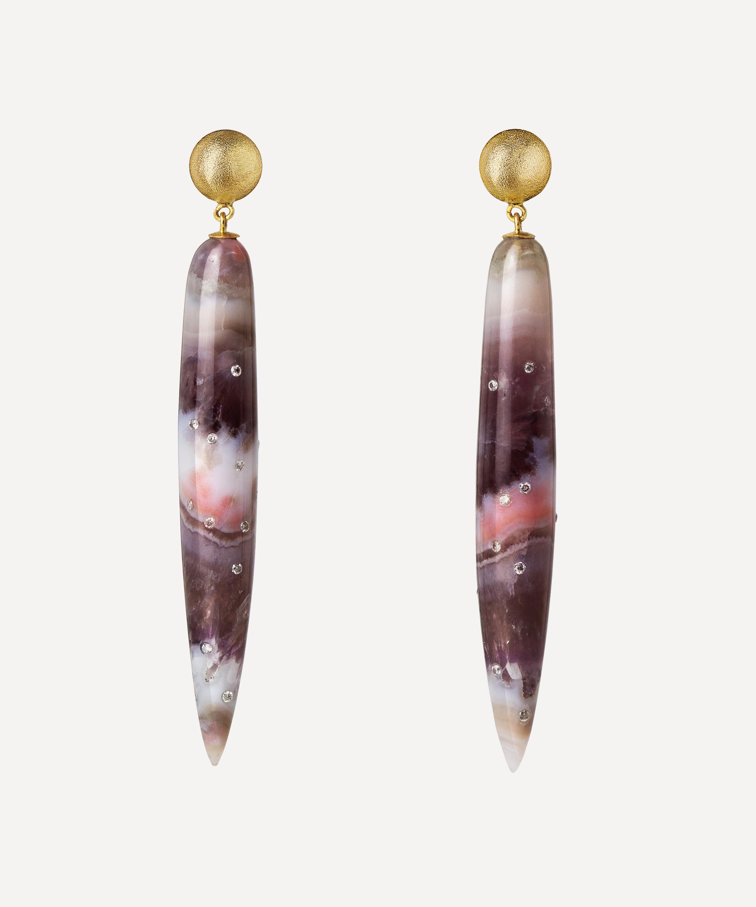 Jacqueline Cullen - 18ct Gold Celestial Amethyst Lace Agate Tapered Drop Earrings image number 0