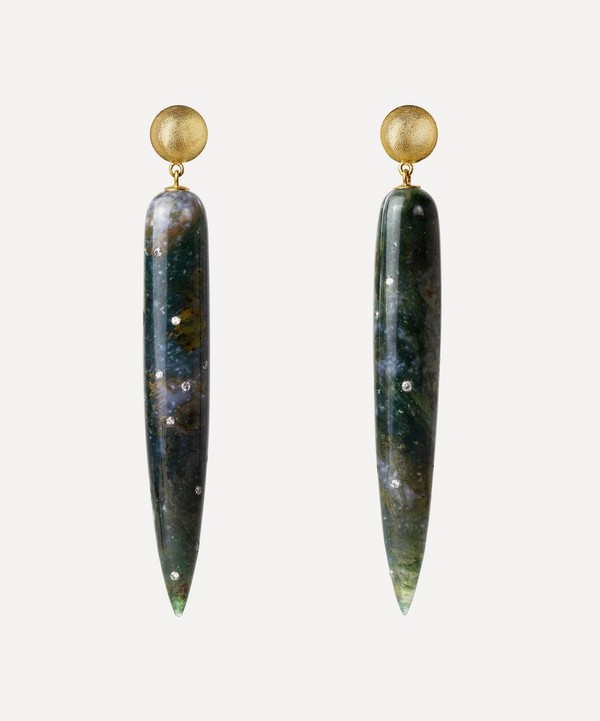 Jacqueline Cullen - 18ct Gold Celestial Moss Agate Tapered Drop Earrings