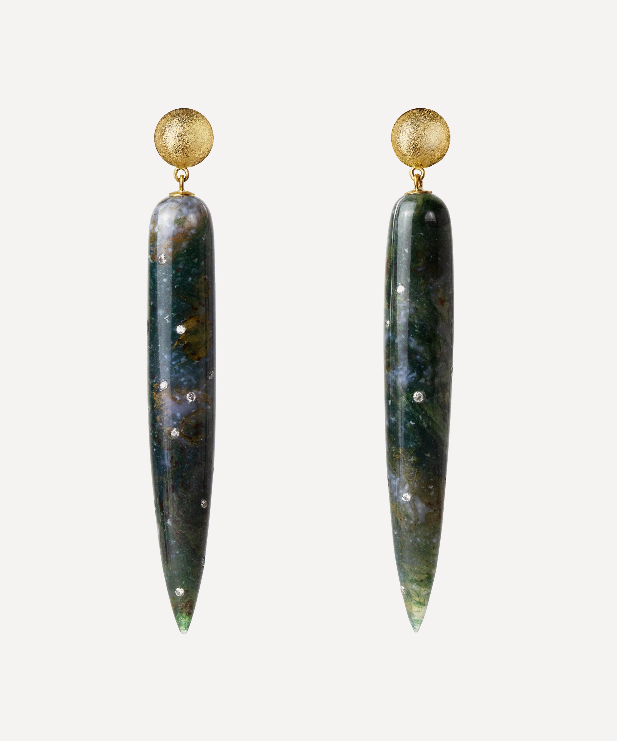 Jacqueline Cullen - 18ct Gold Celestial Moss Agate Tapered Drop Earrings image number 0