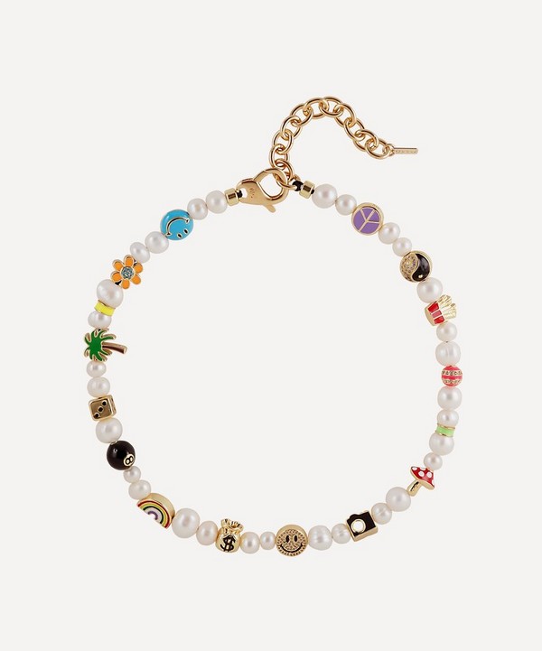 Martha Calvo - 14ct Gold-Plated Famous Enamel Charms and Pearl Necklace