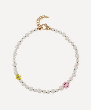 Gold-Plated Dazed Pearl and Enamel Charms Necklace
