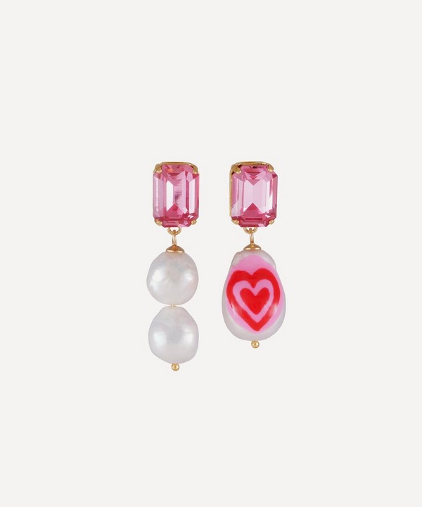 Martha Calvo - Gold-Plated Heart Crystal and Freshwater Baroque Pearl Drop Earrings image number null