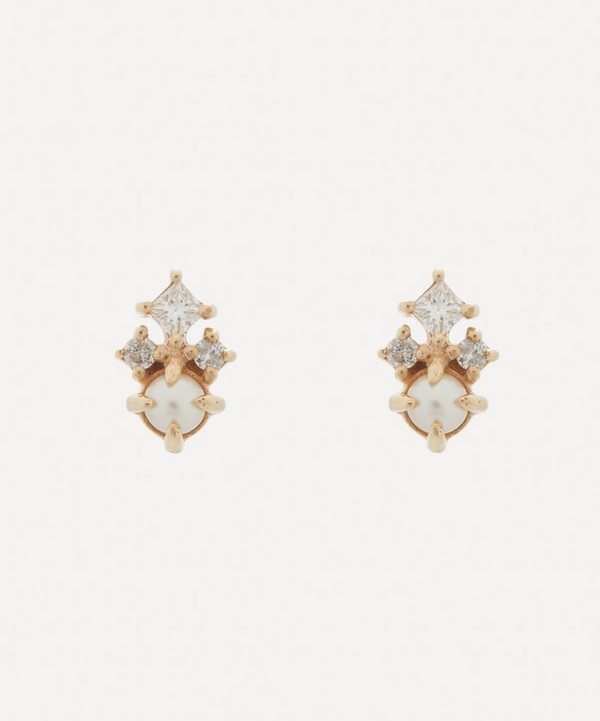 Mateo - 14ct Gold The Little Things Tri Diamond and Pearl Stud Earrings image number null