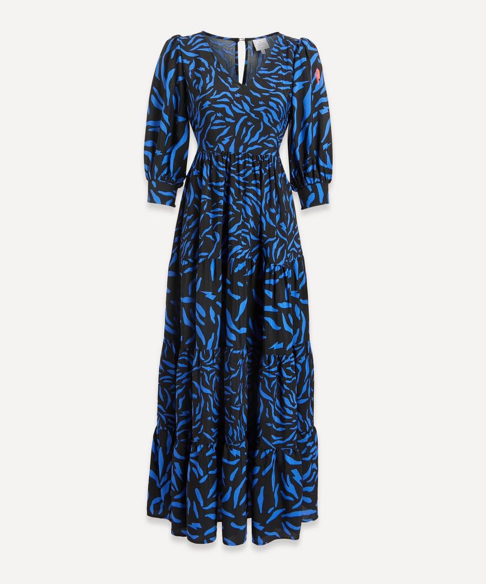 Scamp & Dude - Black and Blue Zebra Print Tiered Maxi-Dress