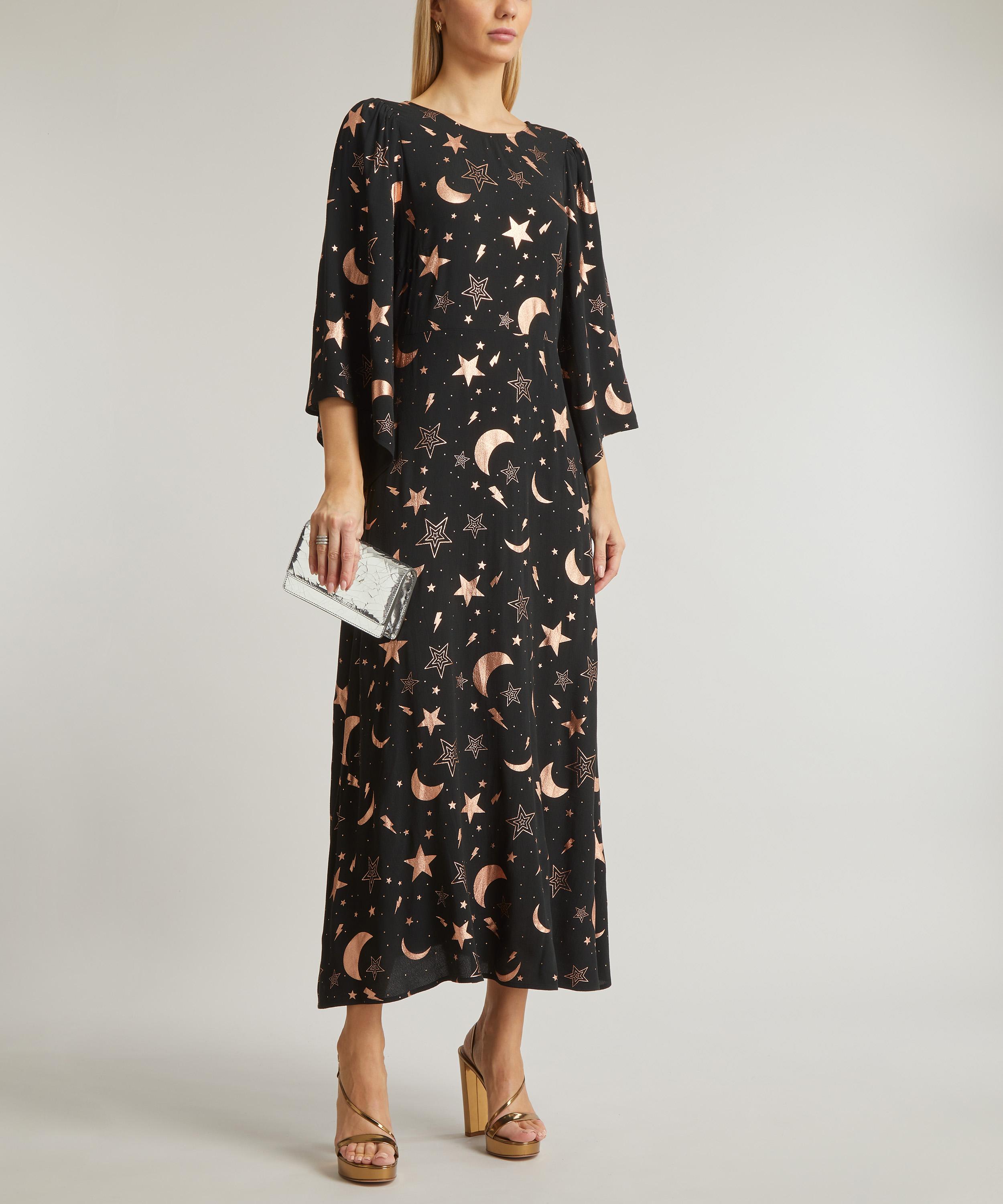 Scamp and Dude - Black and Gold Foil Moon Star and Lightning Bolt Midi-Dress image number 1