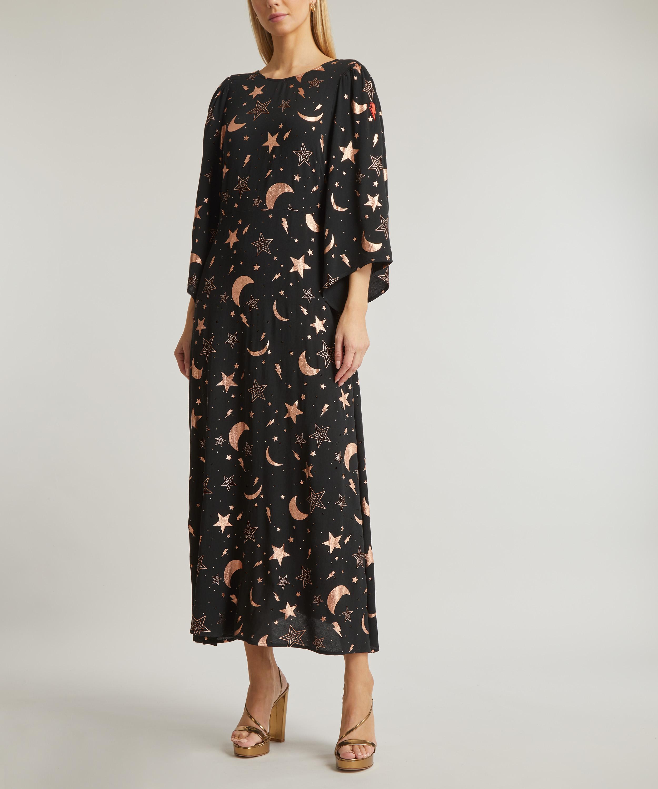 Scamp and Dude - Black and Gold Foil Moon Star and Lightning Bolt Midi-Dress image number 2