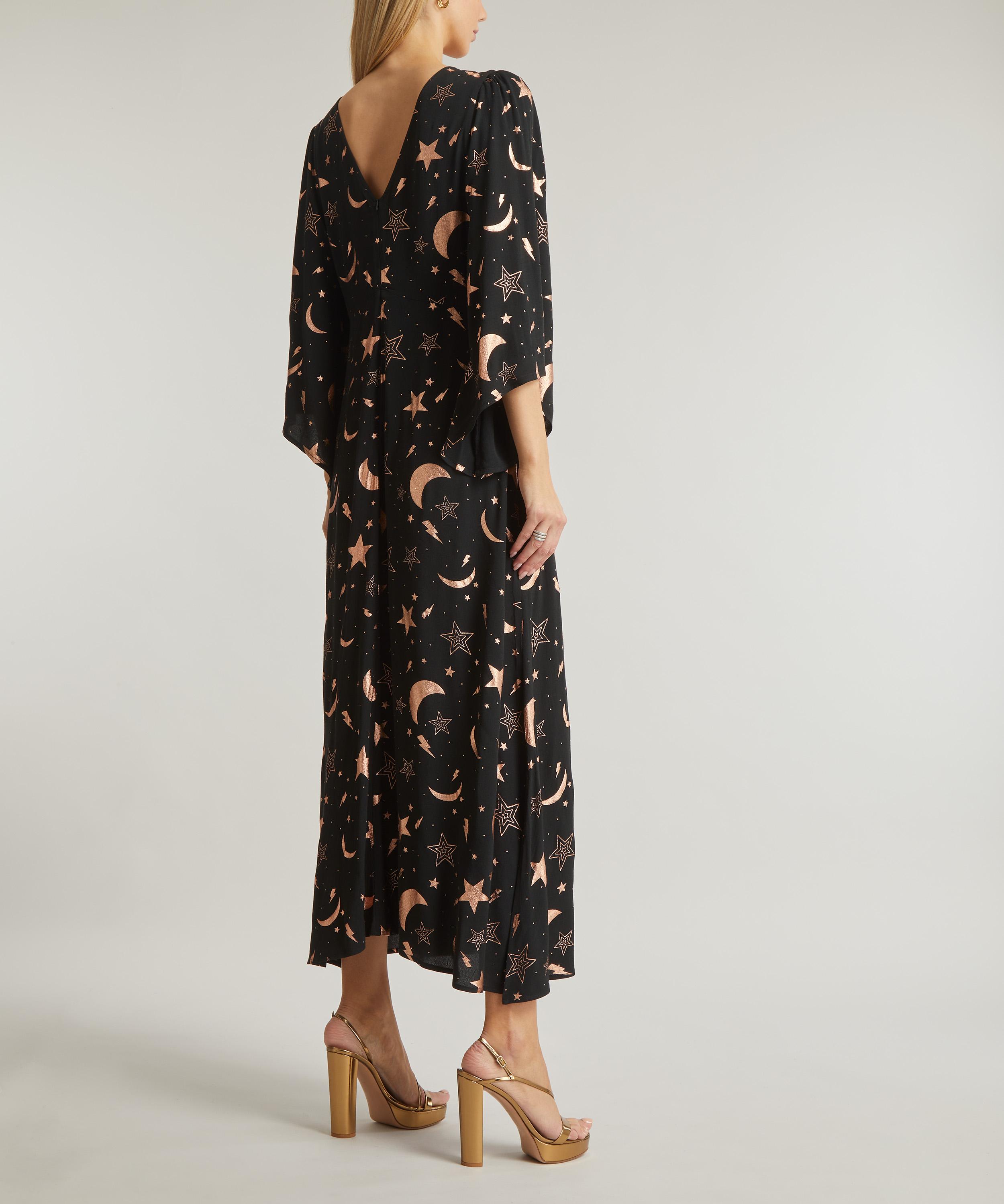 Scamp and Dude - Black and Gold Foil Moon Star and Lightning Bolt Midi-Dress image number 3