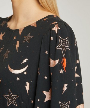 Scamp and Dude - Black and Gold Foil Moon Star and Lightning Bolt Midi-Dress image number 4