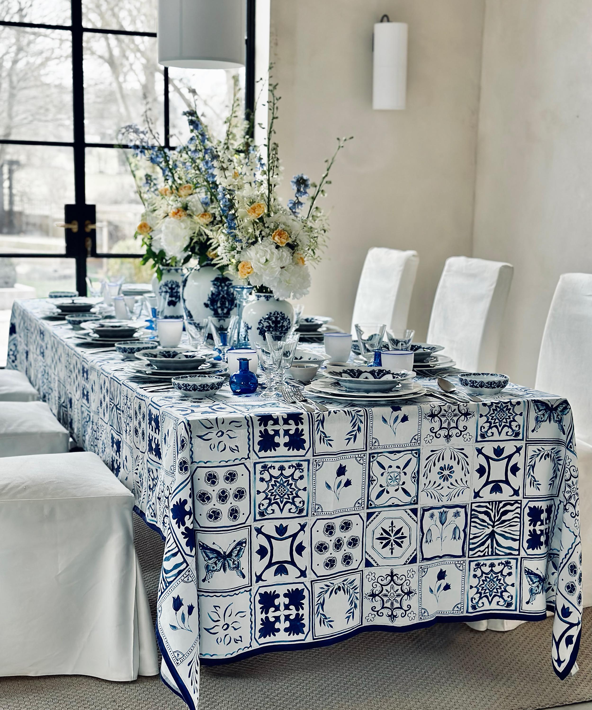 Summerill & Bishop - Azulejos Midnight Blue Linen Tablecloth image number 5