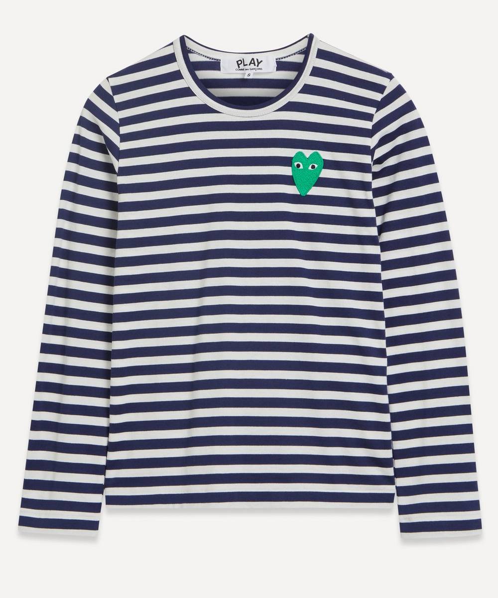 Comme des Garçons Play - Striped Green Heart Appliquéd T-Shirt