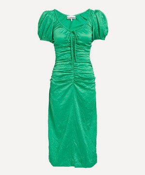 Ganni - Green Crinkled Satin Midi-Dress image number 0