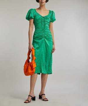 Ganni - Green Crinkled Satin Midi-Dress image number 1