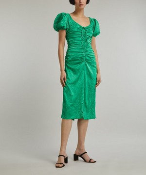 Ganni - Green Crinkled Satin Midi-Dress image number 2