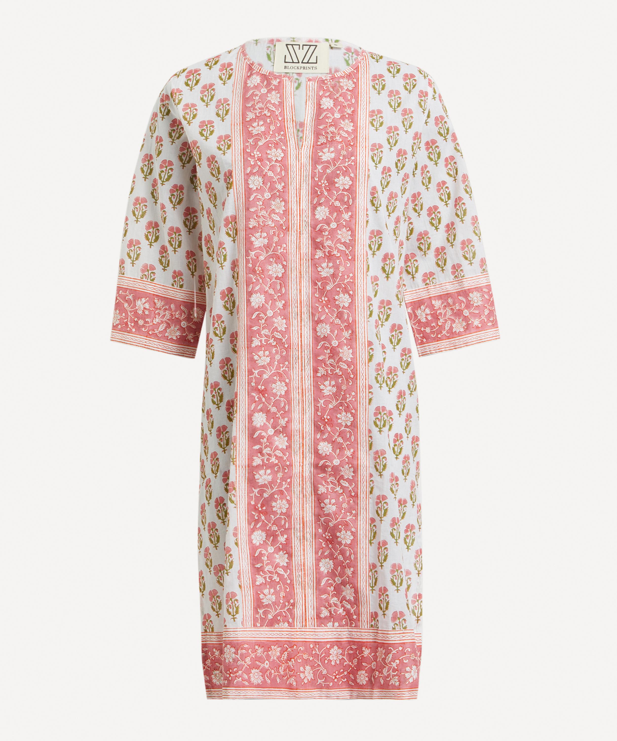 SZ Blockprints - Soft Rose Citron Pansy Long Kurta Dress image number 0
