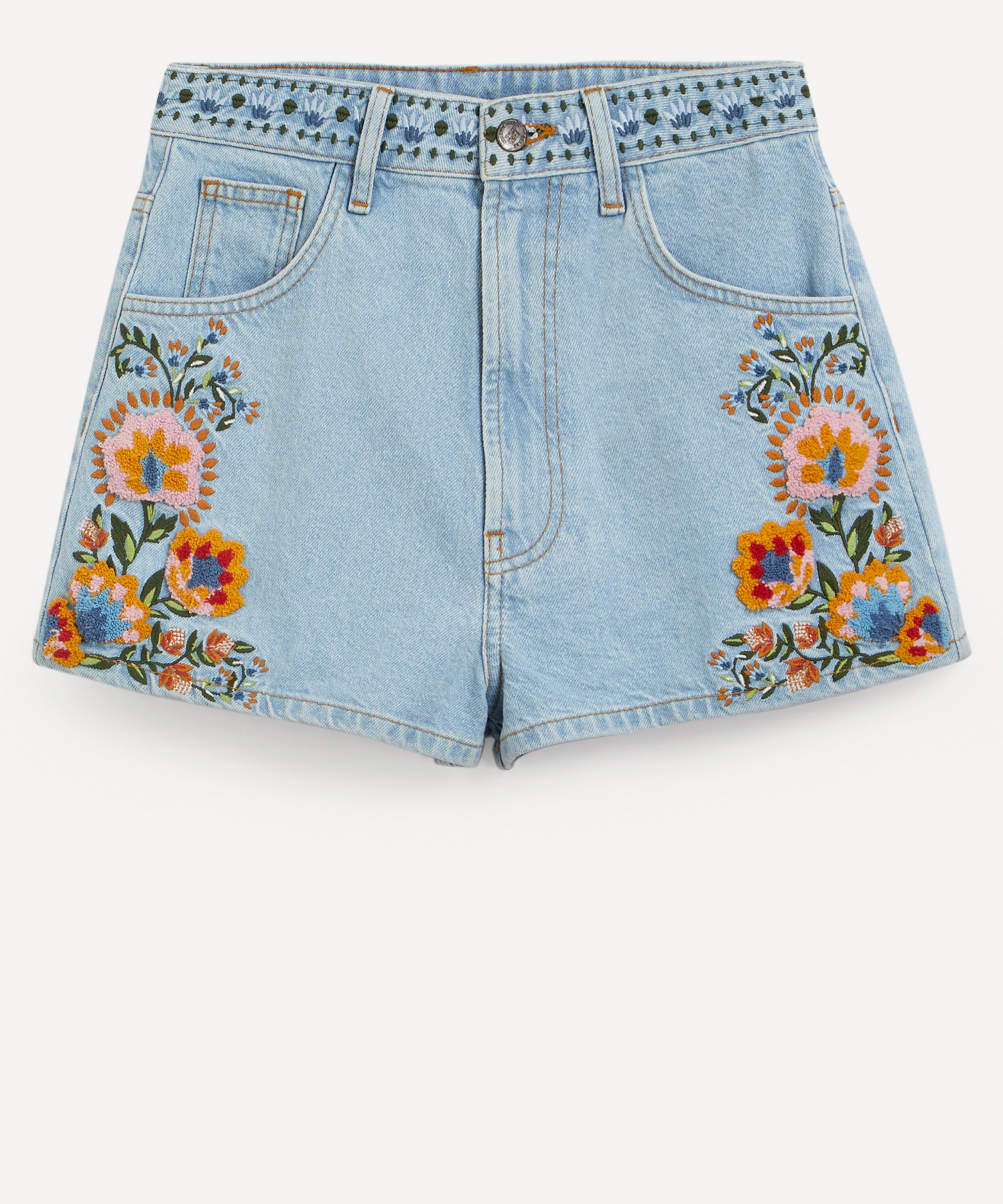 Denim shorts with embroidered hot sale flowers