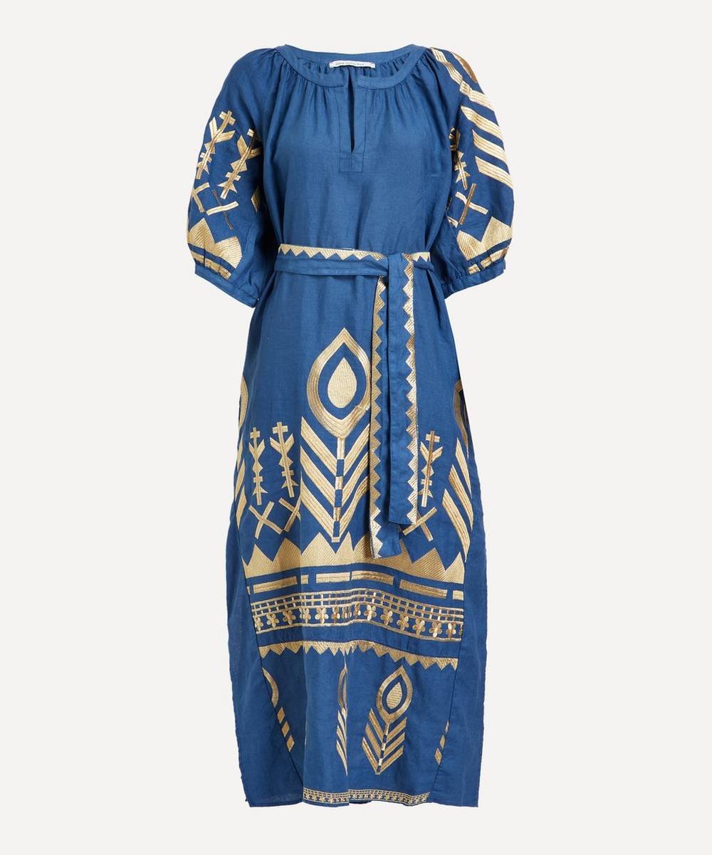 Kori - Feathers Embroidered Belted Midi-Dress