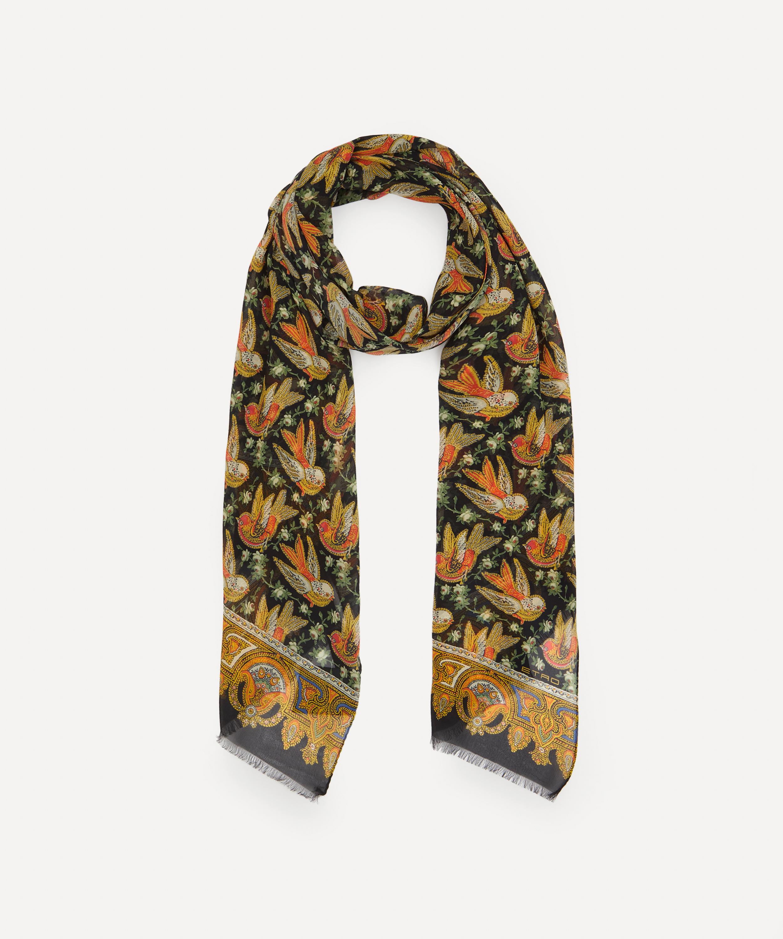 Etro Bird Print Black Silk Georgette Scarf | Liberty