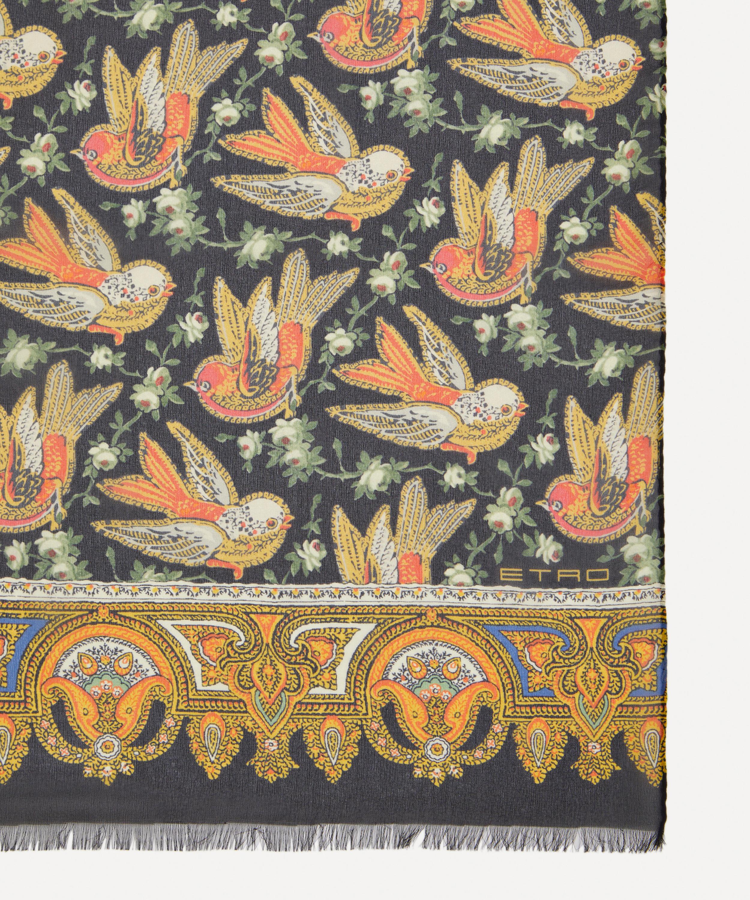 Etro - Bird Print Black Silk Georgette Scarf image number 2