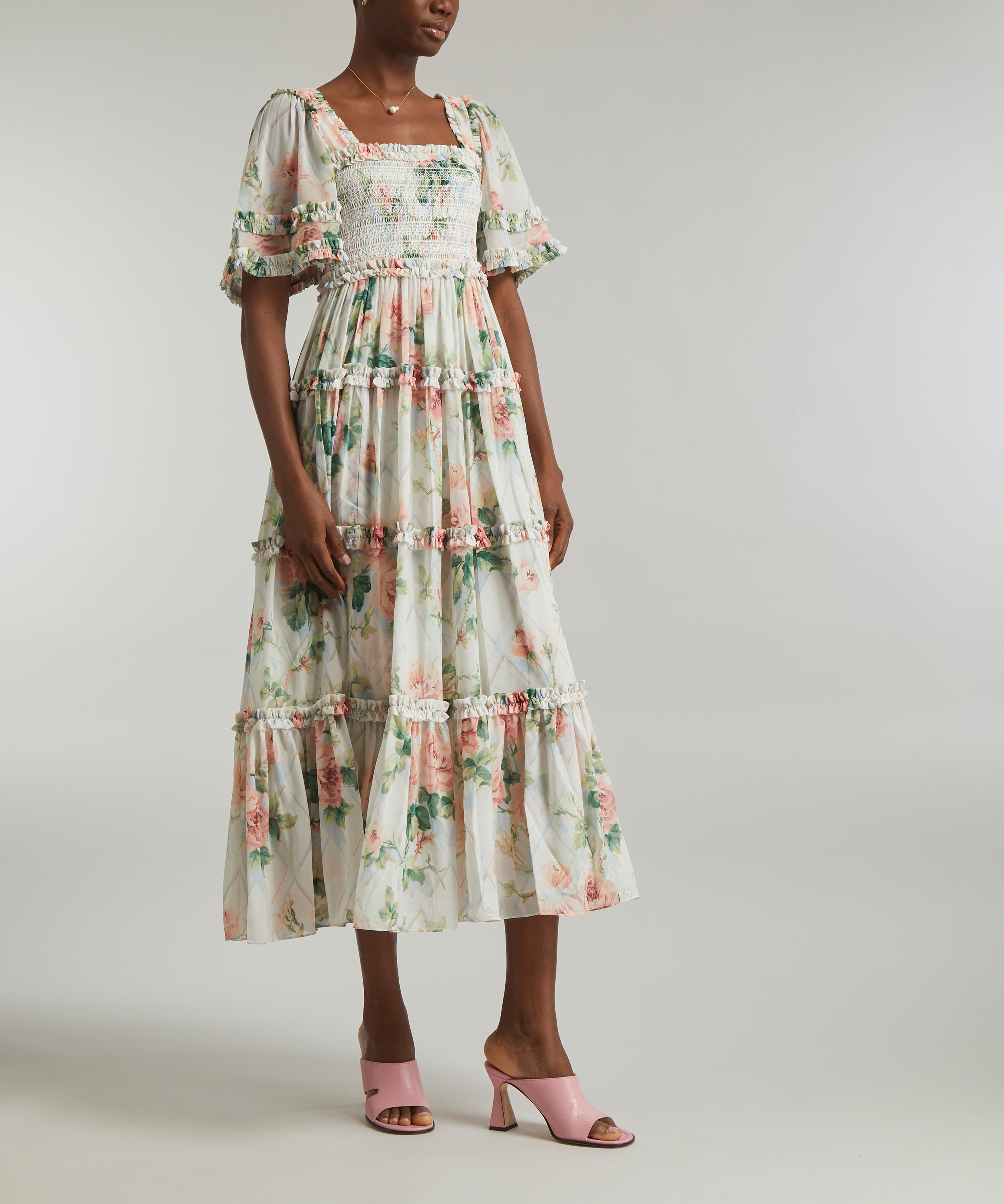 Needle & Thread Harlequin Rose Chiffon Smocked Ankle Gown | Liberty