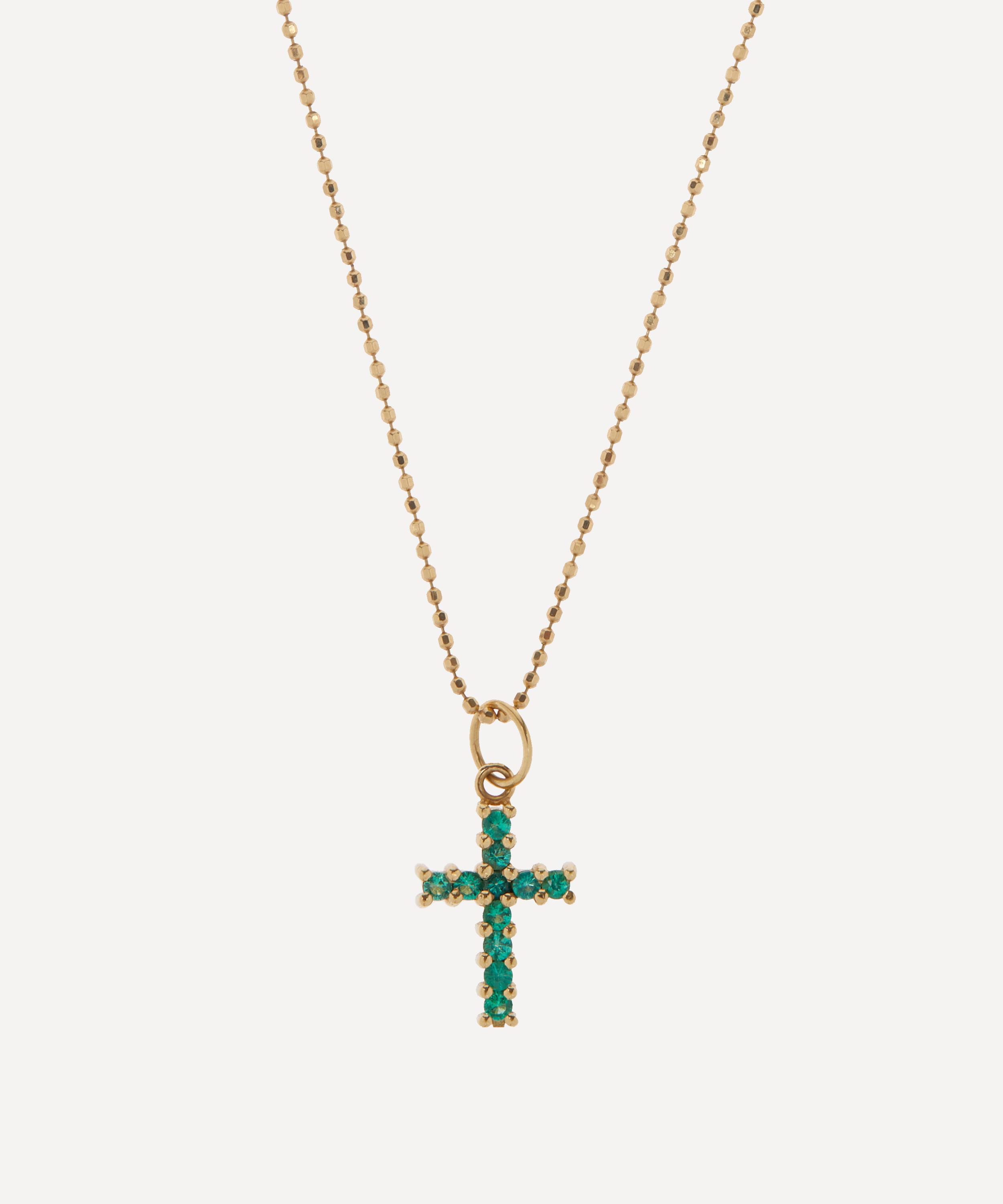 Andrea Fohrman 18ct Gold Emerald Pavé Cross Pendant Necklace Liberty