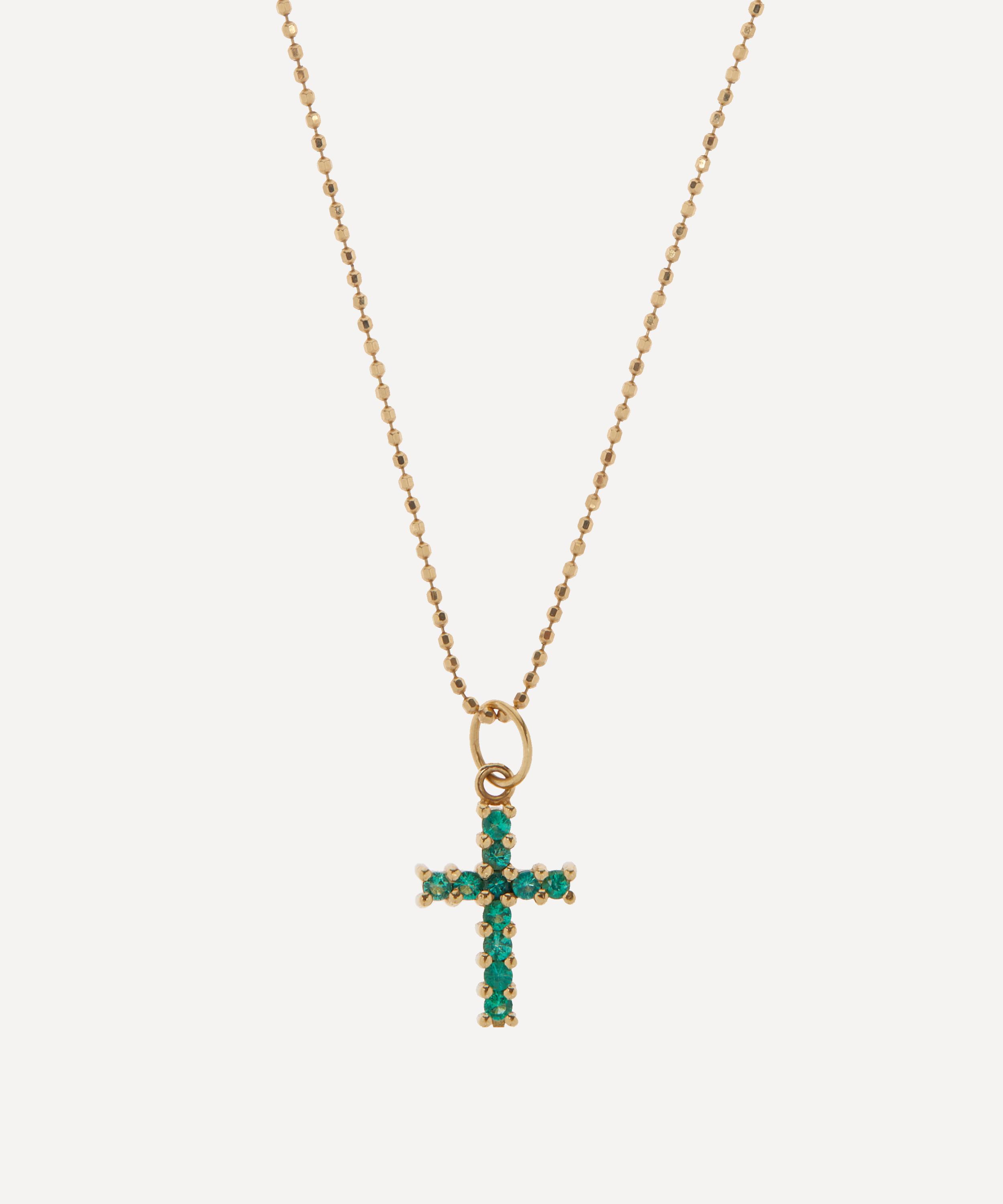 Andrea Fohrman - 18ct Gold Emerald Pavé Cross Pendant Necklace image number 0