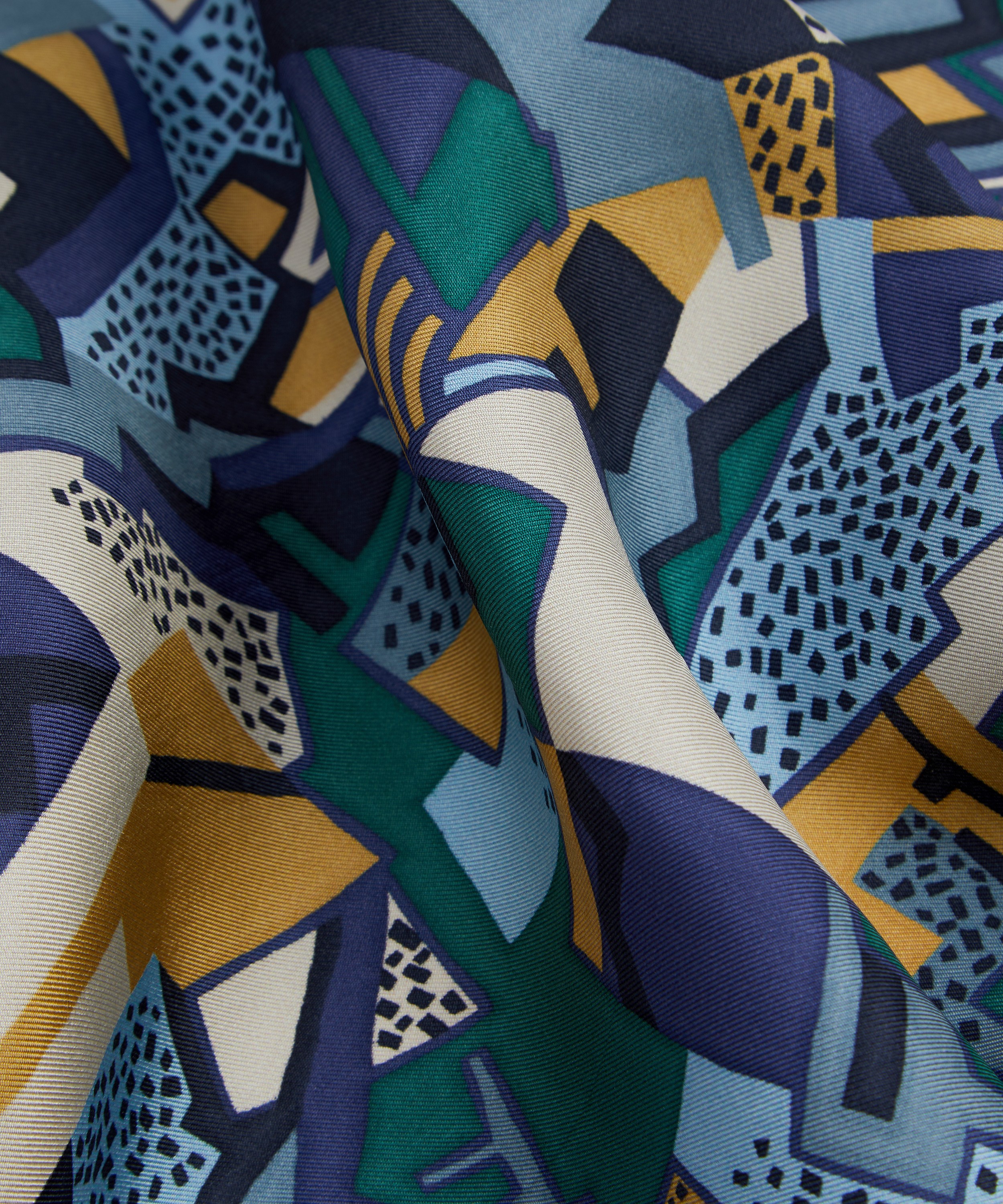 HERMES Yellow and Blue Silk Abstract Geometric Print Pocket Square