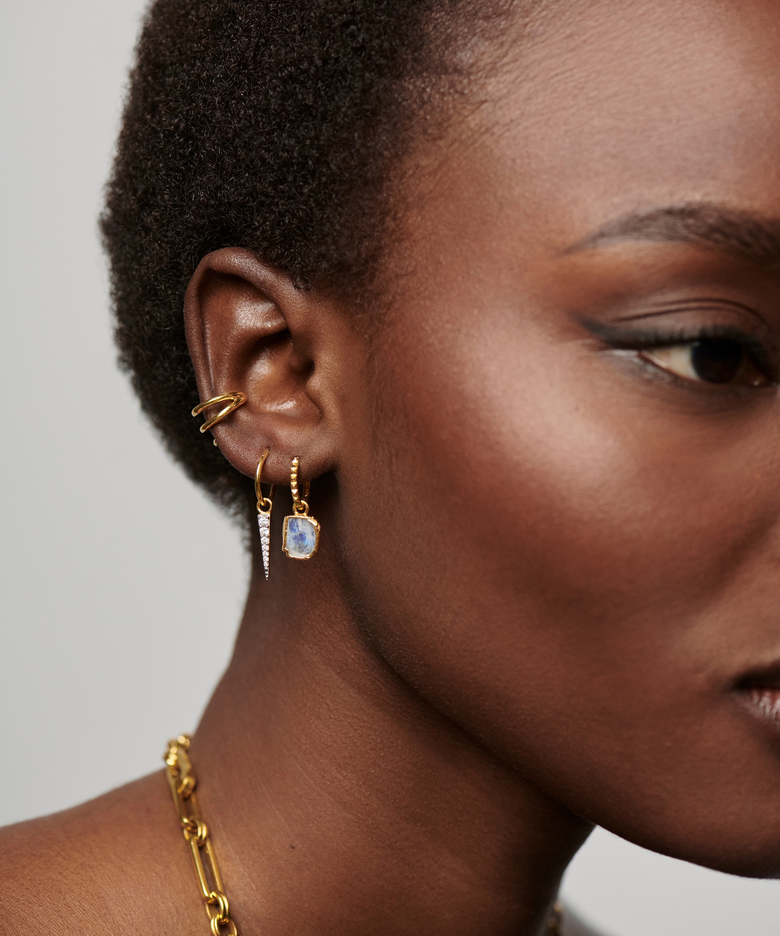 Missoma - 18ct Gold-Plated Vermeil Silver Mini Pyramid Charm Drop Hoop Earrings image number 1