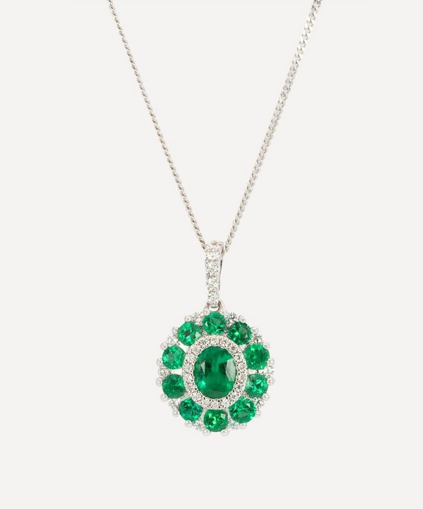 Kojis - 18ct White Gold Emerald and Diamond Inverse Cluster Pendant Necklace image number null