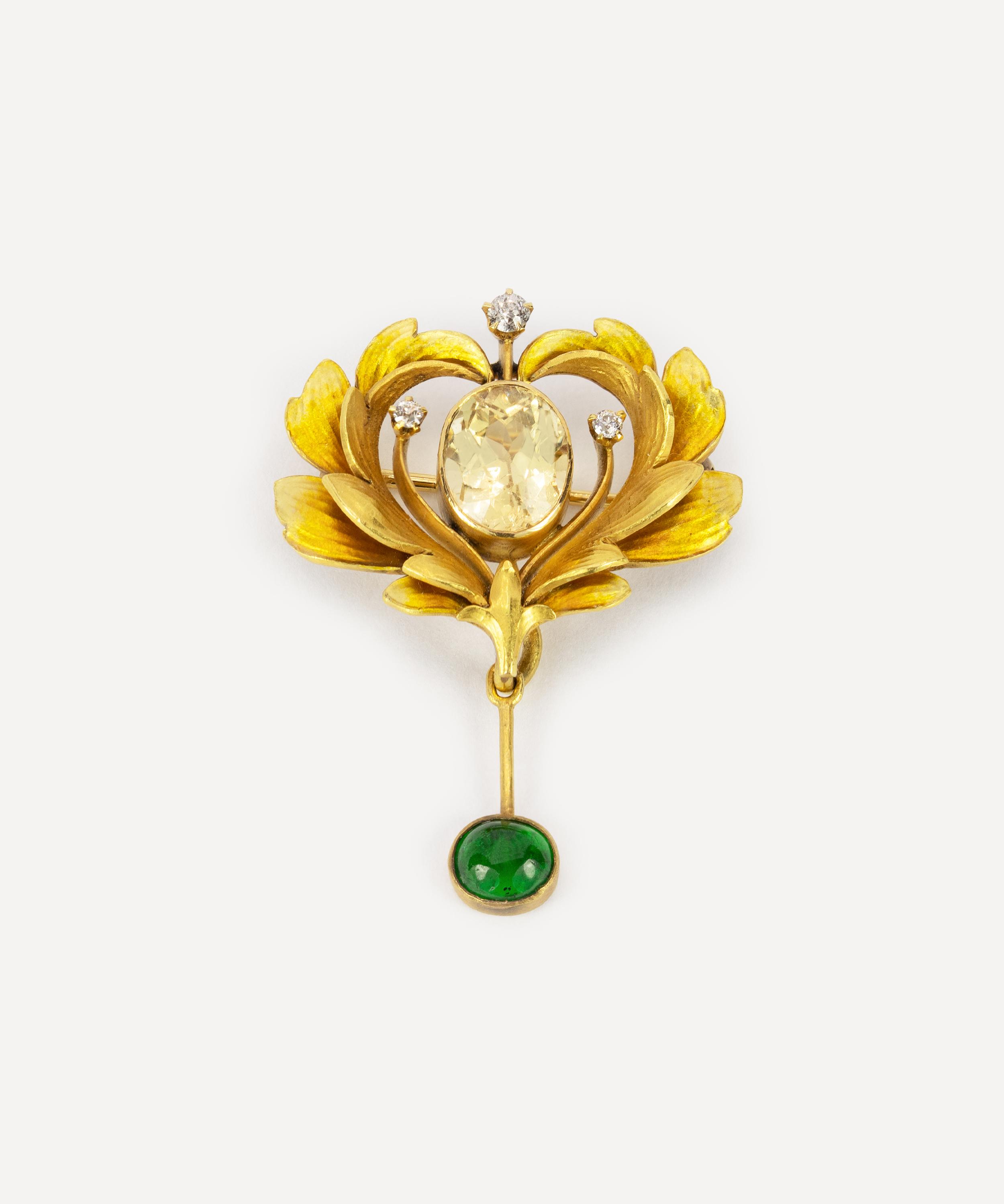 Kojis - 18ct Gold Art Nouveau Topaz and Demantoid Garnet Brooch