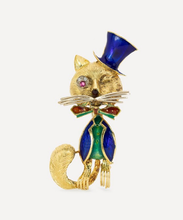 Kojis - 18ct Gold Enamel Top Hat Cat Brooch image number null