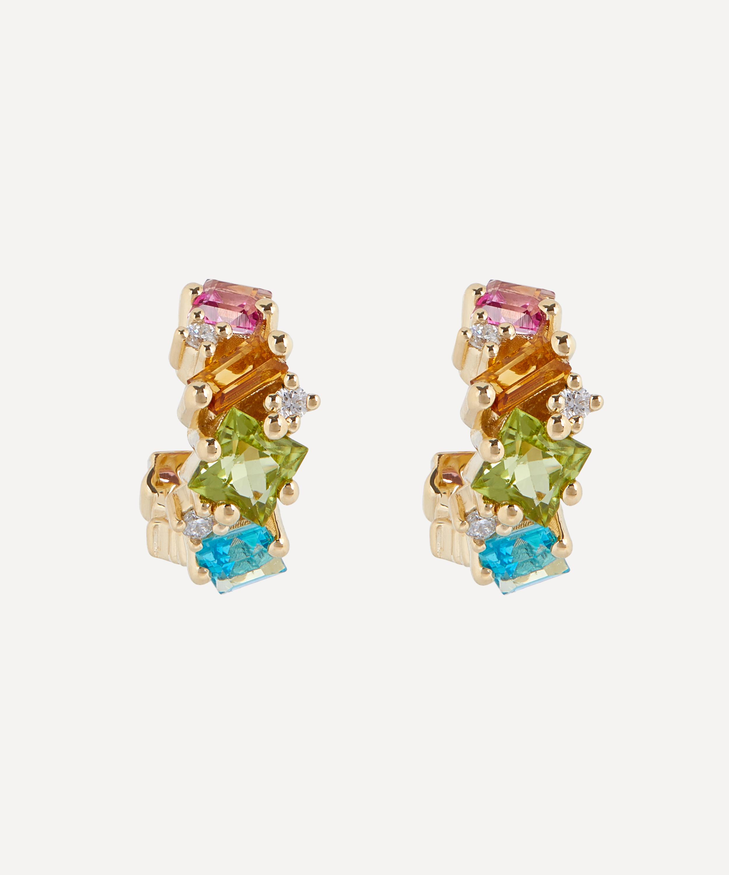 Suzanne Kalan - 14ct Gold Rainbow Diamond Cluster Mini Hoop Earrings image number 0