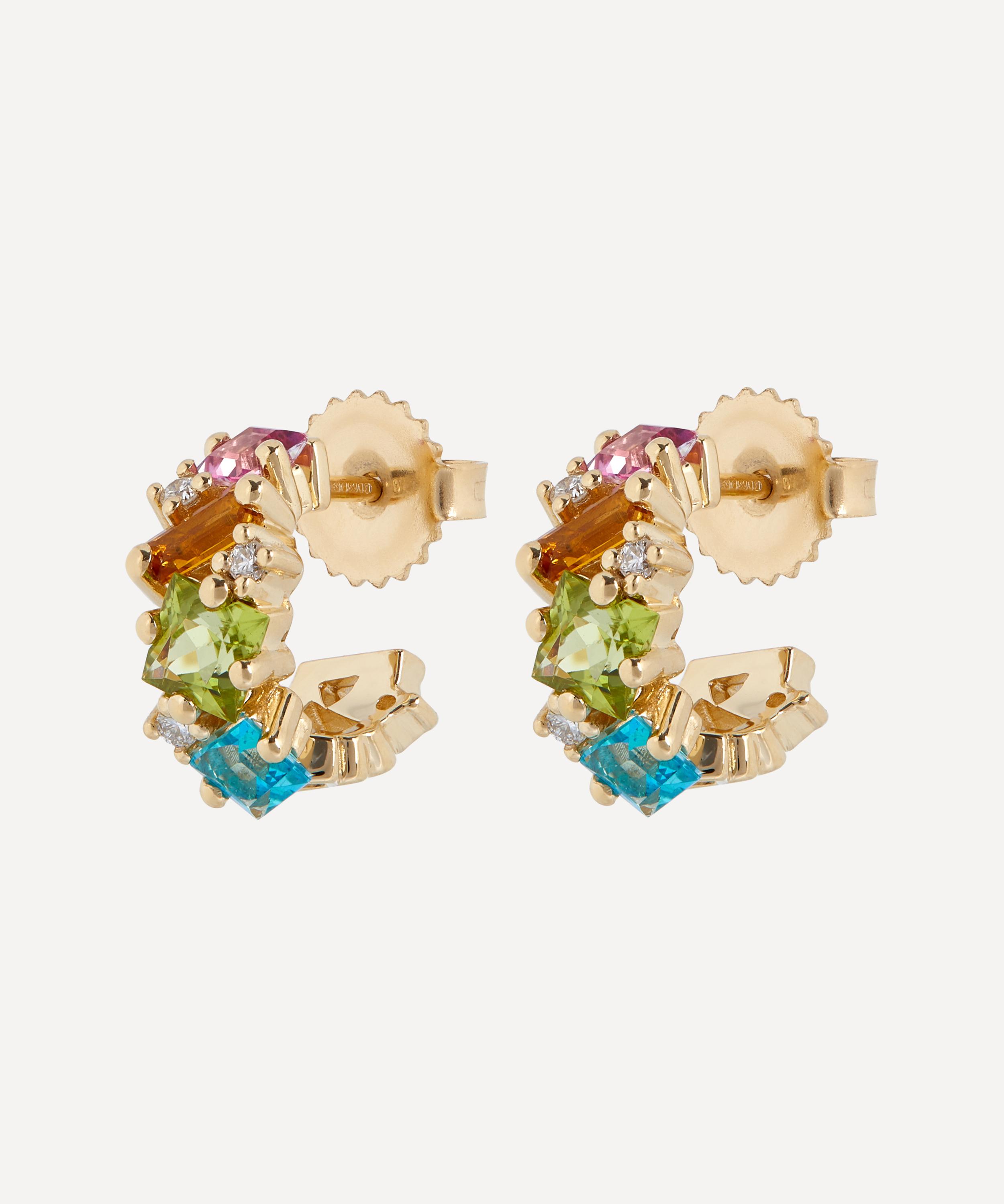 Suzanne Kalan - 14ct Gold Rainbow Diamond Cluster Mini Hoop Earrings image number 2