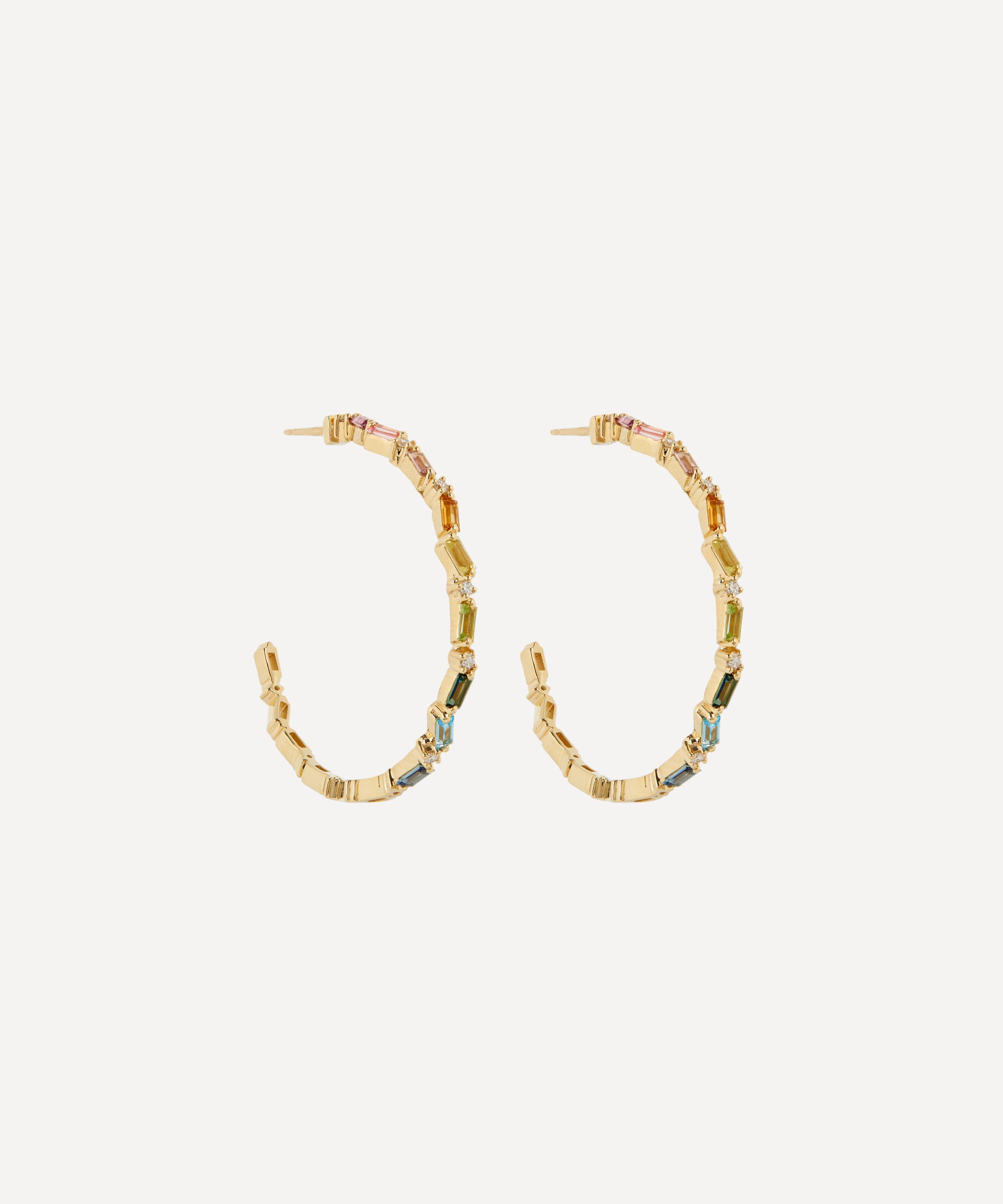 Suzanne Kalan - 14ct Gold Firework Rainbow Baguette Diamond Hoop Earrings image number 0