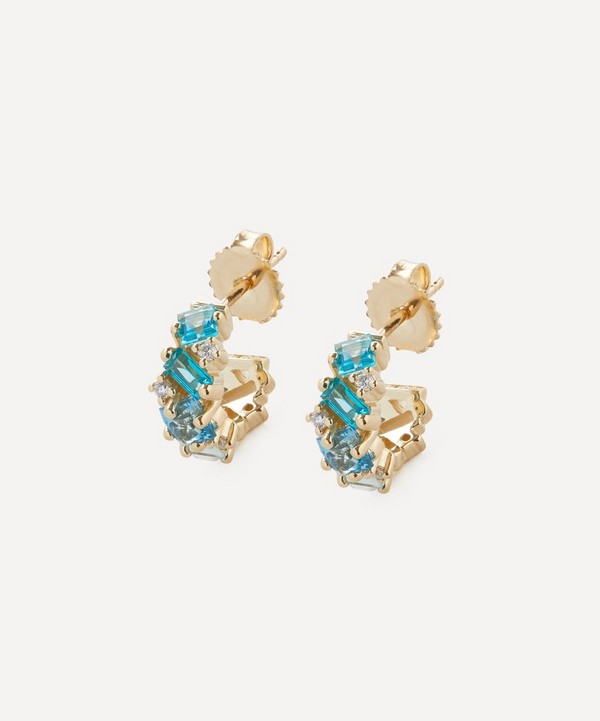Suzanne Kalan - 14ct Gold Blue Mix Diamond Cluster Mini Hoop Earrings image number null