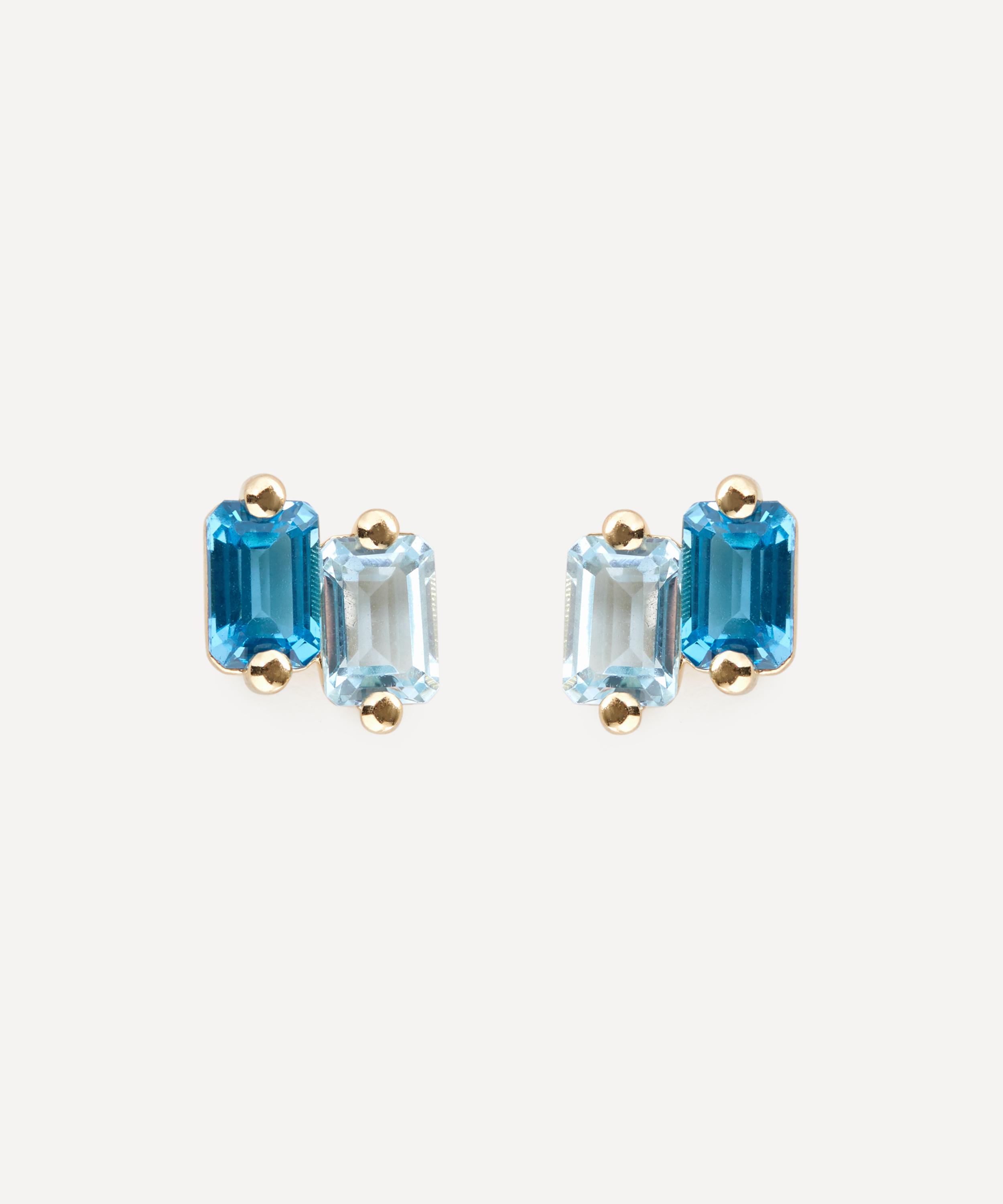 Suzanne Kalan - 14ct Gold Emerald Cut Light Blue Stud Earrings