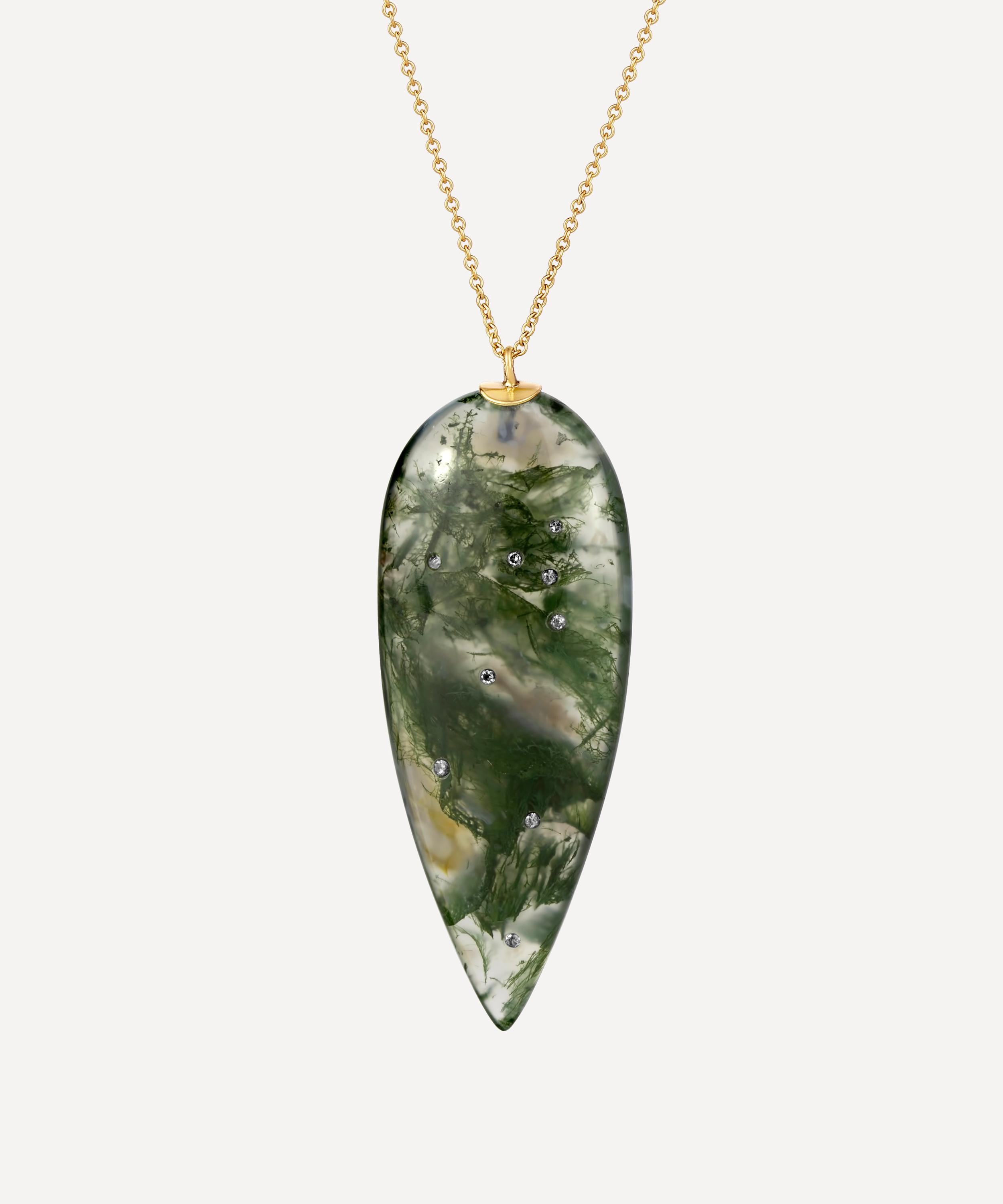 Jacqueline Cullen - 18ct Gold Moss Agate Diamond Teardrop Pendant Necklace image number 0