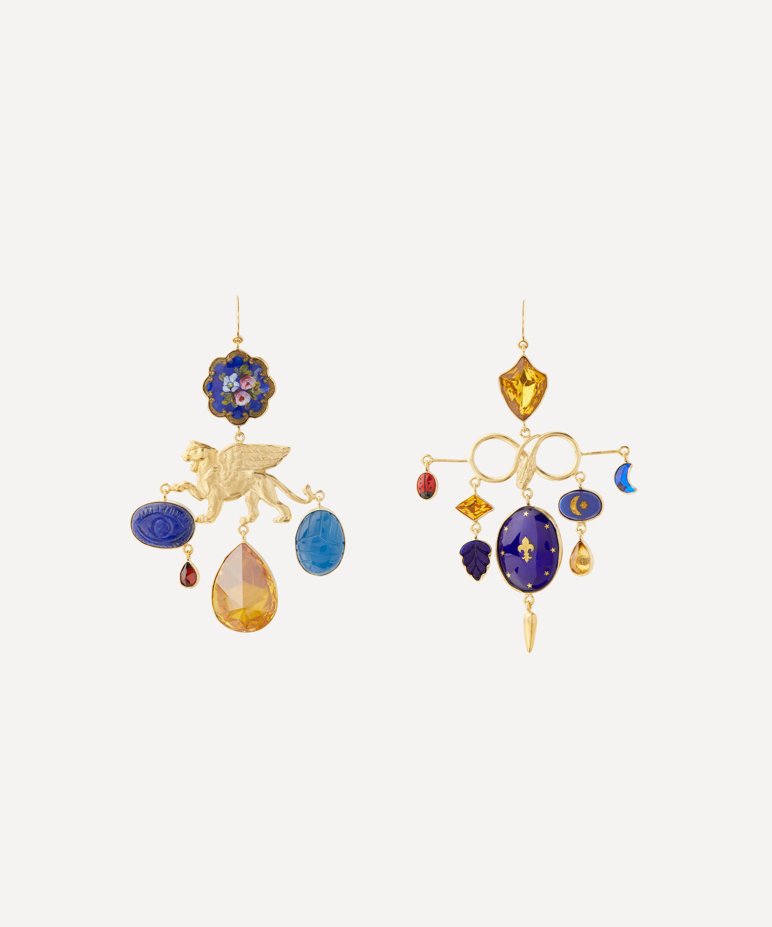 Grainne Morton - 18ct Gold-Plated Serpent and Lion Balance Multi-Stone Drop Earrings