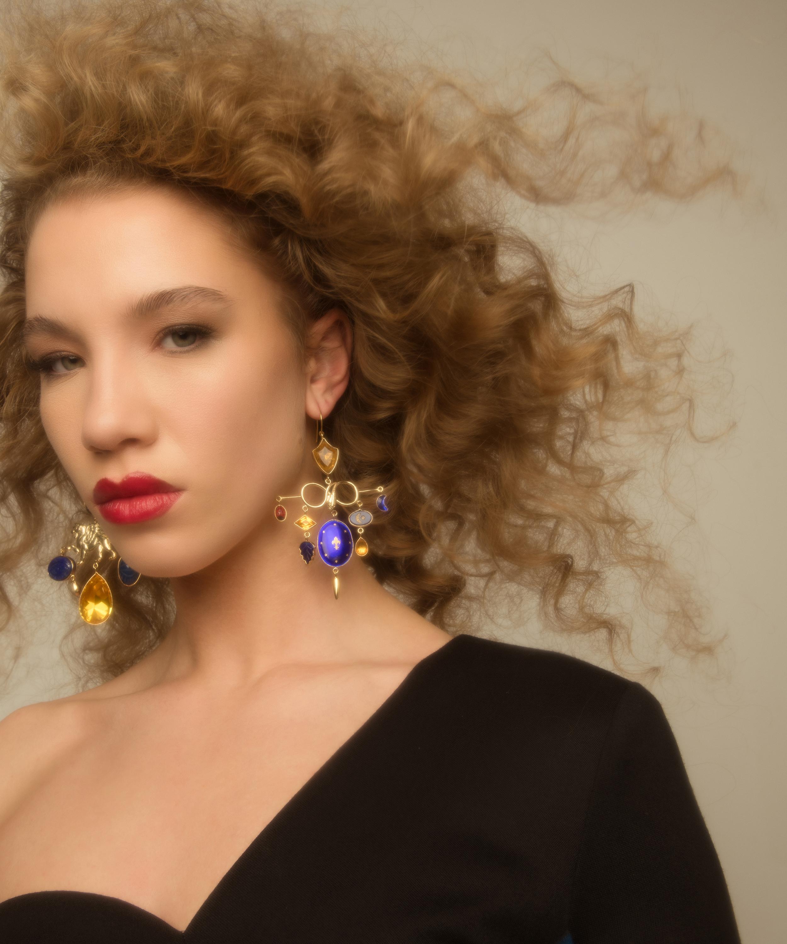 Grainne Morton - 18ct Gold-Plated Serpent and Lion Balance Multi-Stone Drop Earrings image number 3