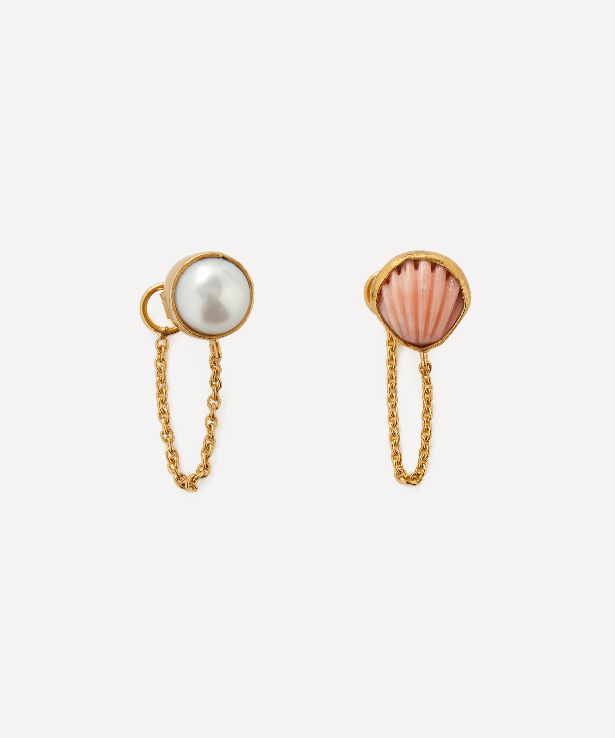 Grainne Morton - 18ct Gold-Plated Mismatched Pearl and Coral Chain Stud Earrings image number 0