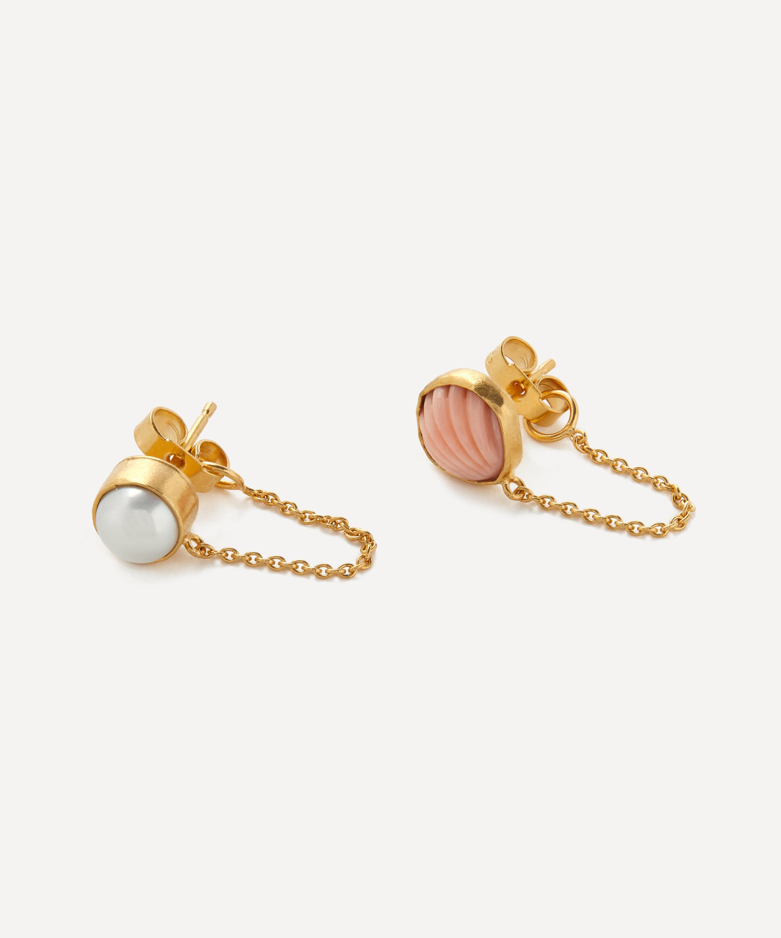 Grainne Morton - 18ct Gold-Plated Mismatched Pearl and Coral Chain Stud Earrings image number 1