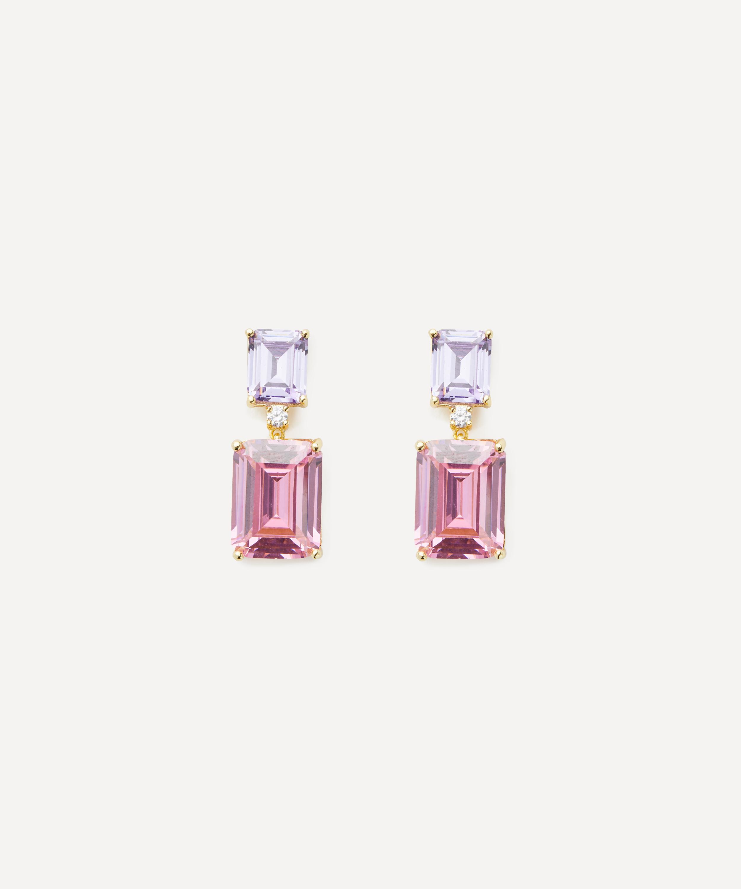 CZ by Kenneth Jay Lane - 10ct Gold-Plated Double Emerald Cut Cubic Zirconia Drop Earrings image number 0